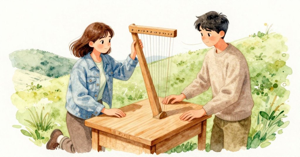 較高的弦先被輕風穿過,接著更穩的氣流堆起泛音,讓 Joelle 的外套車縫輕輕一抖。Hartley 把手掌貼在木板上又抬起,再貼回去,用手腕的細跳去對齊脈動。數到幾拍就散掉,我們又重新開始,和風裡不斷改位的和弦一同找節拍。