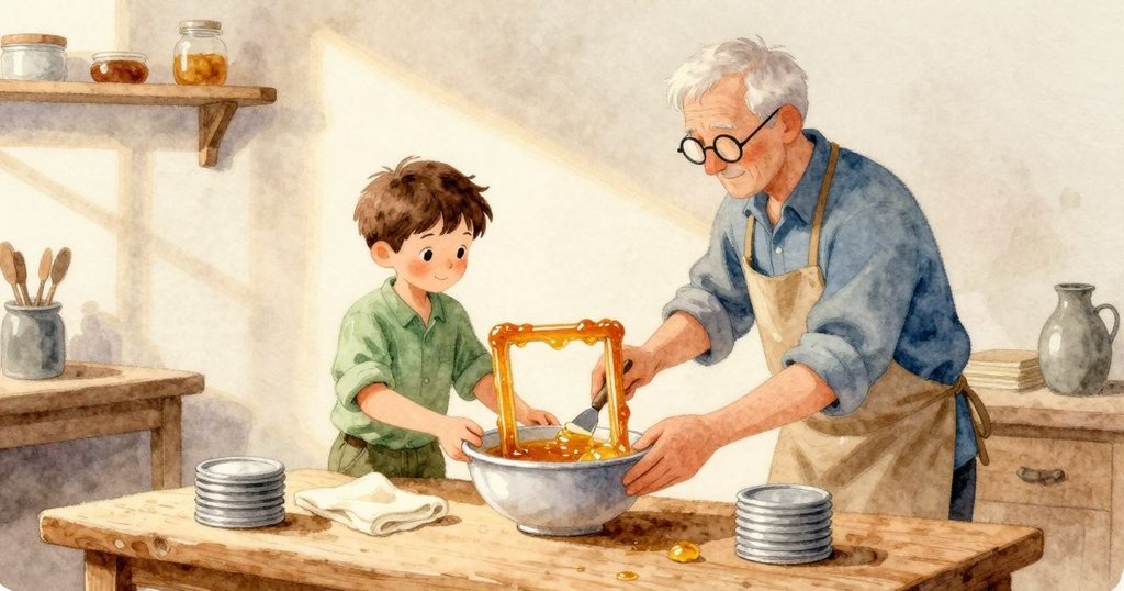 蜂巢木框平放在大碗上方,Zander 的前臂夾住一側,Granddad 以雙手穩住角落並握著刮刀;摺好的布與一疊蓋子靠在手臂旁,斜陽把蠟封映成淡銀色,木頭在他們合力下發出輕微的吱聲。