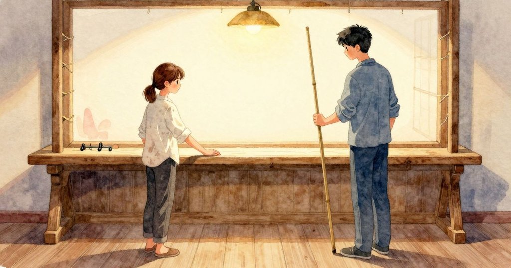 Willa把袖子捲好、把散髮紮起，手臂試探可安全伸入的距離；Glen穩穩站在架區，目光沿著木搁板上淡淡的鉛筆記號移動；兩人之間的操演區在屏幕前發亮，護罩落下一抹小小紅影。