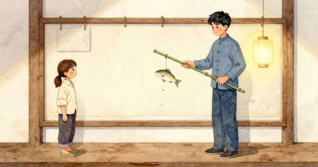 紙魚安靜掛在下方的鉤子上，幾片鱗因夏天的膠水脫落而微微磨淡；屏幕下緣的布縫呈現較淺的一條帶；上方裸露的掛鉤保留整齊的粉塵方框；屏後的燈穩穩嗡鳴，溫暖的皮革氣味留在空氣裡。