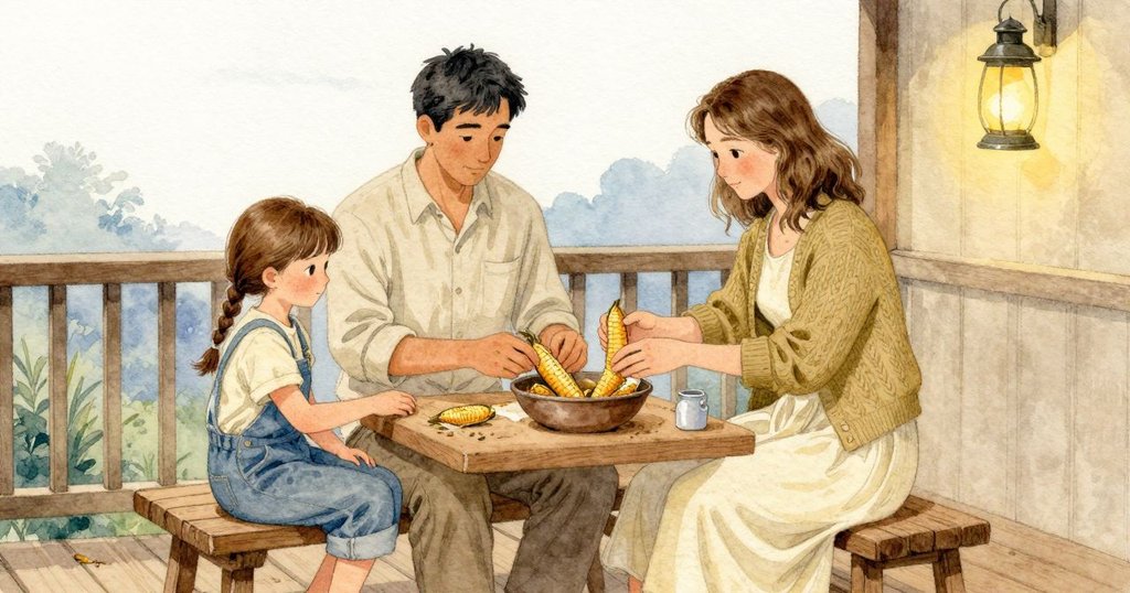 Gareth 在對面安穩地剝玉米,Odette 的膝蓋輕靠著 Poppy 的大腿。Poppy 把外層薄殼順著紋理退下並遞過去,指尖帶著絲與汁的微黏,於是又摸到清水盆的涼緣;她指甲劃過的細線立刻消失。角落裡,水壺輕碰兩個杯子,幾乎沒有聲音。