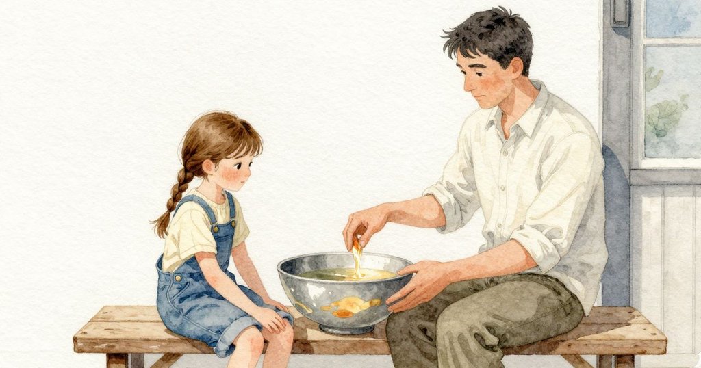 Gareth 的雙手仍慢慢剝著,動作在水面映成循路而行的微光。從 Poppy 的位置看,水盆像裝著一個小宇宙,光與玉米絲開闔成道。她的手停在水面上方,手腕安穩,如同 Gareth 剛要開始剝前的握持。