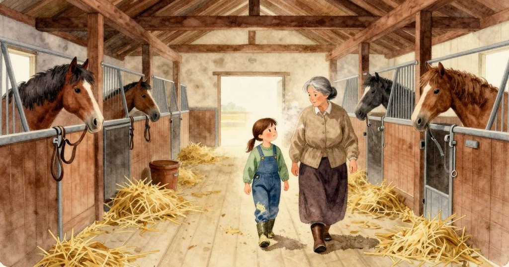 Harriet和祖母並肩走進馬廄，幾匹小馬在欄位裡輕輕挪動，皮帶扣輕敲木頭。欄杆上落著薄灰般的乾草粉，地上是散落稻草與蹄印，空氣溫暖而帶著乾草味。
