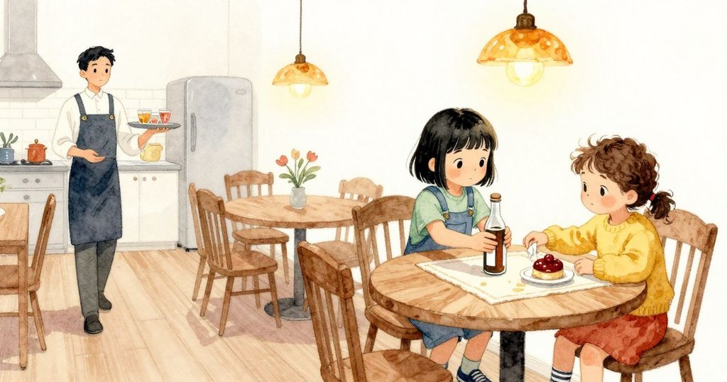 服務生端著飲料托盤走過,椅子輕輕挪動讓出過道。Pia 把瓶子抵在餐墊上,收緊紙巾,一口氣穩穩一轉,柔軟的「啵」聲在指間傳開;Delia 貼近給了短暫擁抱,又回到那張亮面甜點頁。
