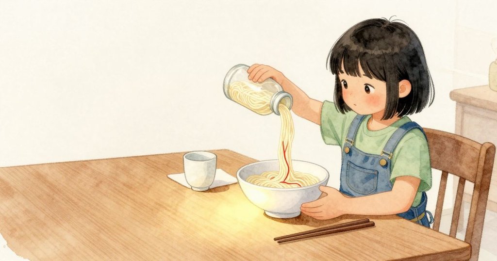 Pia 輕傾醬瓶,一道細紅在麵上乾淨斜過便收;淺色麵條與光滑陶碗托住這條線,桌面暖光靜靜停著。