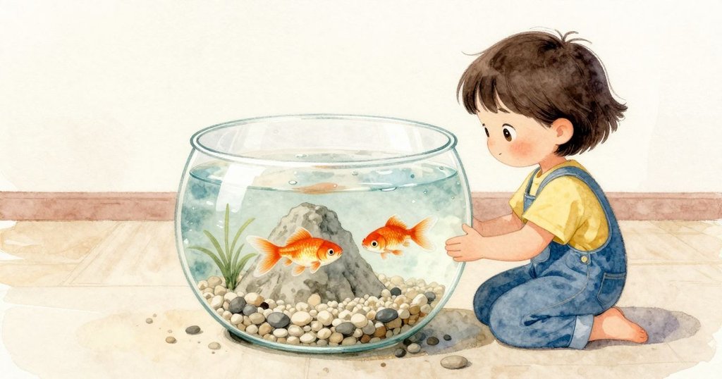 魚缸裡的小玩具山立在碎石上，金魚在旁邊慢慢游著。Farrah 稍微轉頭，弧面讓兩個金魚影一起滑過。