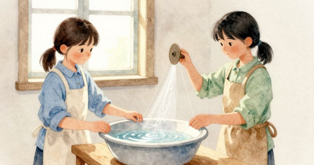 兩人手間的線一下子亮了起來，彷彿成了一體；線軸發出更深的嗡響，繭的側面慢慢下陷，新線穩定地接管其長度。窗光劃過水盆，零散的細絲在光中一閃一閃；Kay 用鈍頭的木挑把漂起的薄絲輕推回線軸邊緣，Yasmin 讓搖柄的速度保持穩定，指尖試著感覺張力。聲音與光澤沿著同一條清晰的線從水到木傳過來。