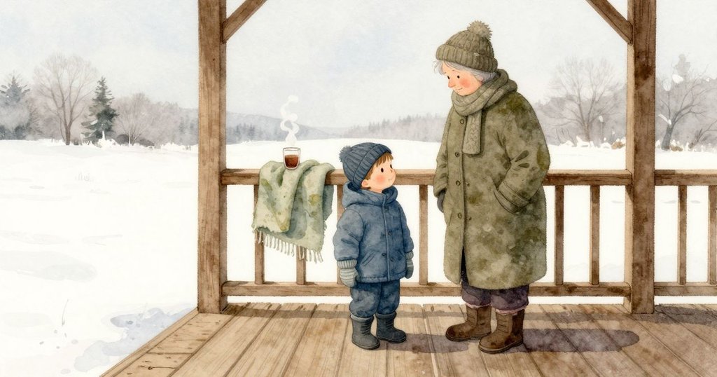 木質門廊在冷空氣裡安安穩穩,Beckett 與祖母並肩站著;靴子壓在板面上,早先融雪留下的深色濕痕還在。欄杆上搭著一條羊毛毯,旁邊的杯子冒著溫暖的蒸氣,淡淡茶香往上升起。Beckett 的手套絨毛被微風輕輕挑起,院子遠處是一片發白的冬天。