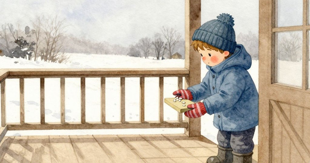 Beckett 把帶條紋的羊毛手套攤開,掌心穩穩地停著;拇指邊緣的細絨在冷空氣裡微微翹起。門廊的淡木色在後方安靜,晨光平軟。