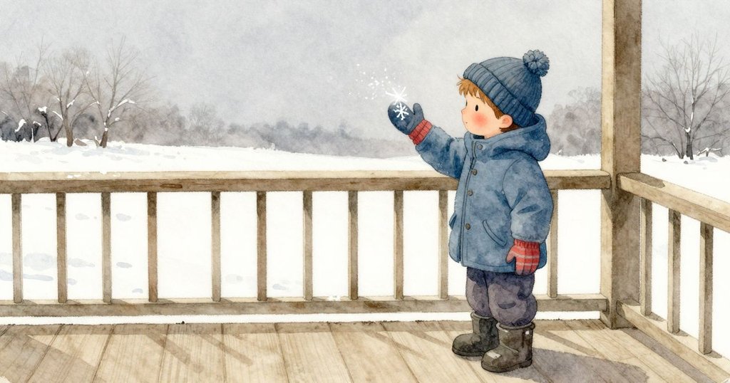 Beckett 的手腕放平而不動,呼吸暫時收住;另一枚雪花正落在手套中央,纖細的紋理在柔軟的線圈上清楚可見,晨光清冷而勻。