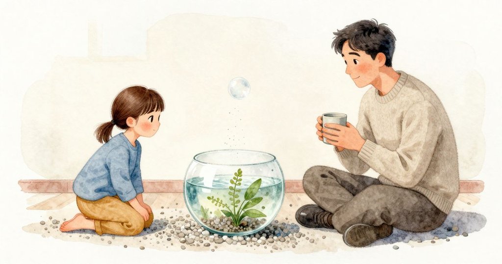上升的氣泡牽起一縷細粉塵，穿過淡色礫石漂移，最後落在綠色葉片邊緣。水仍然安靜，每一粒微塵都緩慢可見地沉著下來。