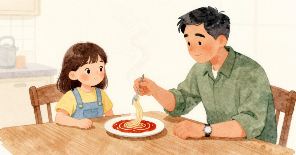 在溫暖的室內光裡，Stella 坐在桌邊，面前一盤冒著淡淡白氣的麵；叔叔坐在她身旁，用叉子輕輕捲起麵條。醬汁在盤中變得濃稠，微微發亮。木桌的紋理筆直而安穩，空氣帶著溫度在盤緣上方緩緩流動。