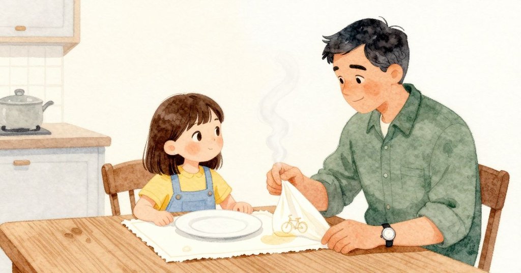 麵上方的蒸氣只剩薄薄一縷，慢慢散去。紙質餐墊繼續吸收那滴水，小圓痕變得平滑均勻，裡頭的小腳踏車圖樣也模糊了。溫熱的氣流輕托起餐巾一角又放下；Stella 安靜地坐著看。室內的晚間燈光平和地落在盤子、木桌與紙面上。