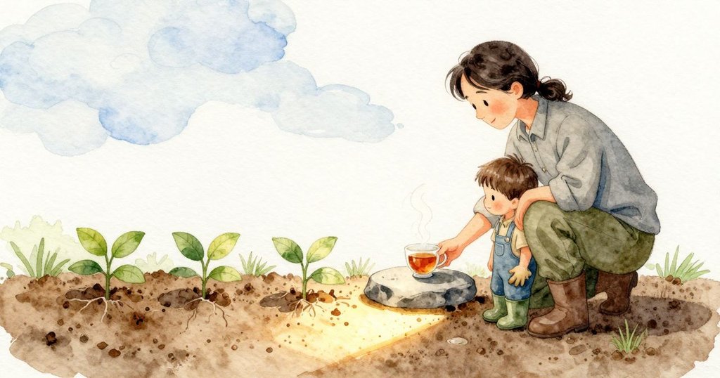 陽光回來在土面照出一個亮三角，隨後雲再度遮住，涼蔭覆在葉與手上。花圃旁的平石上，一杯溫茶輕輕冒著白霧，杯緣靜靜停著一圈細泡。石頭灰穩，土味柔和，光影交替不急不徐。