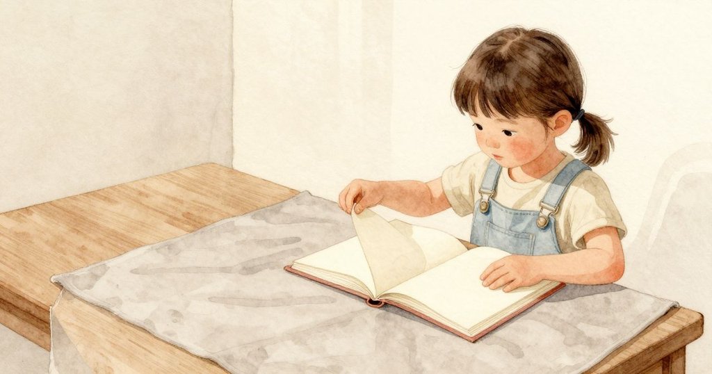 她把書滑回去，灰色布面上留下一道柔淡的摩痕。Nina又把薄紙抬起再放下，在折線旁留下新的細摺。奶油色紙面收住這條痕跡，光線溫柔均勻。