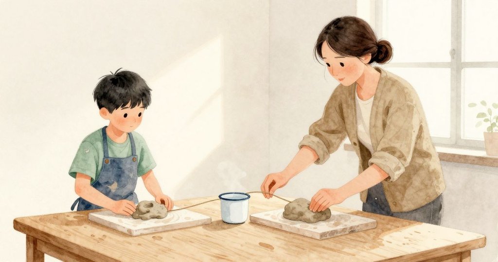 長黏土條碰到紙黏土塊旁邊那條細黏土繩,細繩被輕推後離開自己的小木板,慢慢朝搪瓷杯滑去。紙黏土塊不動,杯中渾濁的水安靜著,滑痕在木面上淡淡可見。