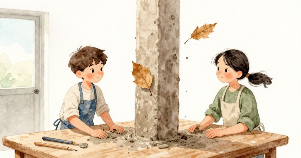 更強的風把一片乾葉從鬆結上帶落,它慢慢旋下,貼在 Jude 濕潤的黏土柱上,細細的葉脈壓進土面。