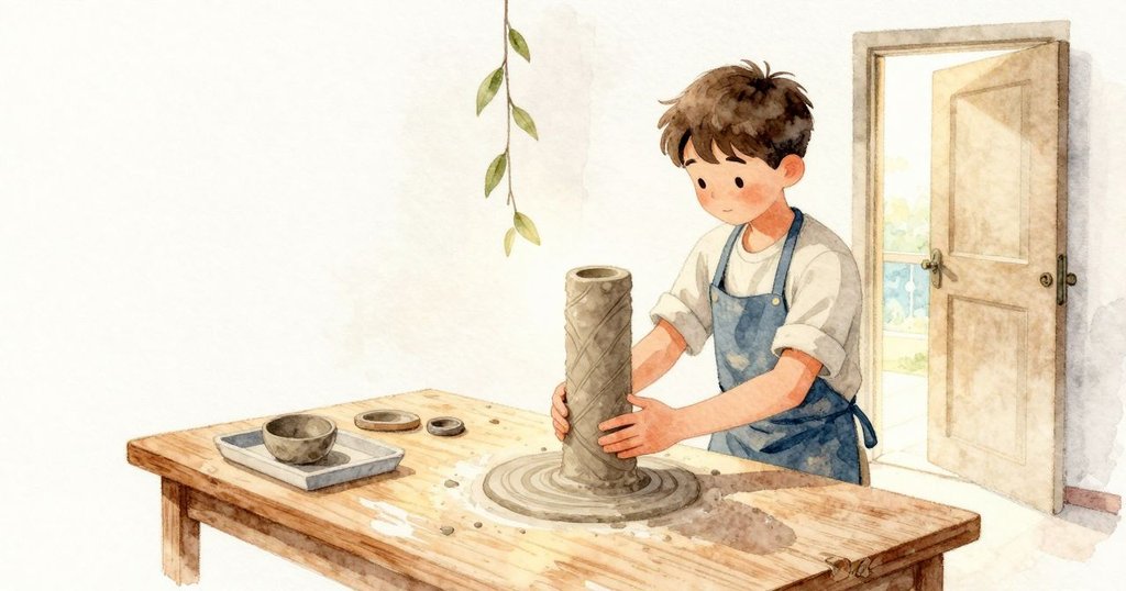Jude 轉著小柱,沿著新生的葉紋追看一圈;一串紙葉在風中輕輕擺動,日光讓濕潤的土面柔柔發亮。