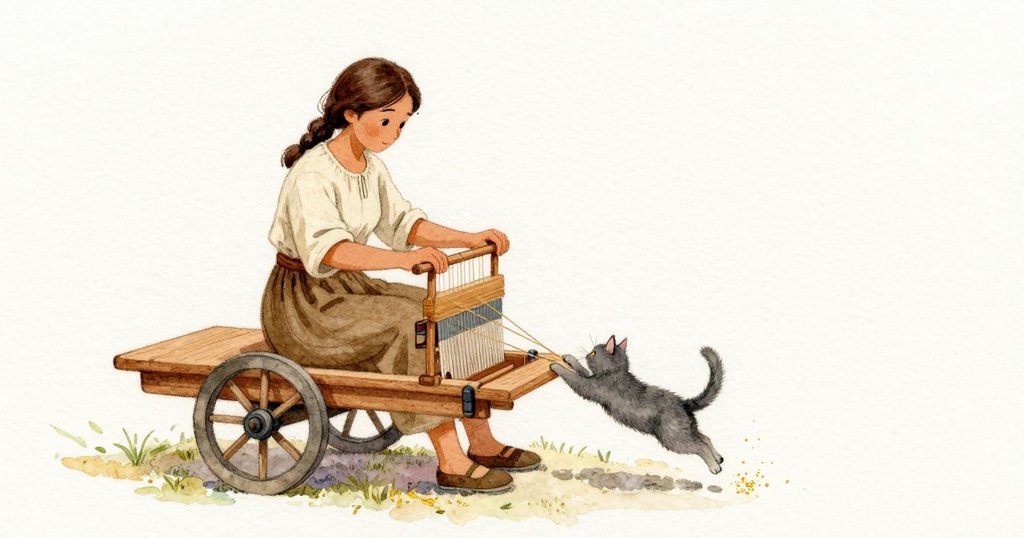 手推車在巷道滑過,軸心喀喀兩聲。灰貓猛地起身用爪點了正在移動的梭子,木件在 Maeve 手中一跳,她立刻扶正。空氣拂動,細細的香料粉灑過織帶,她抹了衣袖,袖口留下淡淡一痕。