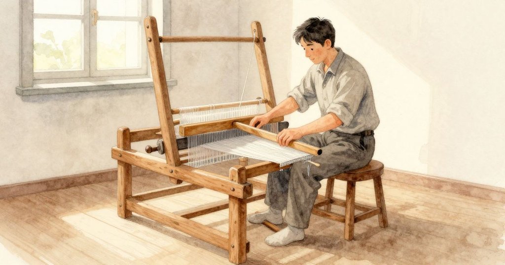 織機的木框環住經線,Orson 坐著,一腳踩在踏板上。隨著他用力,下面的線群下沉、上面的線群升起;他把梭子滑過開出的縫,接著把拍打桿推前。拋光的木頭帶著暖色光澤,高窗的日光在框與地板上鋪成一條溫和的亮帶。