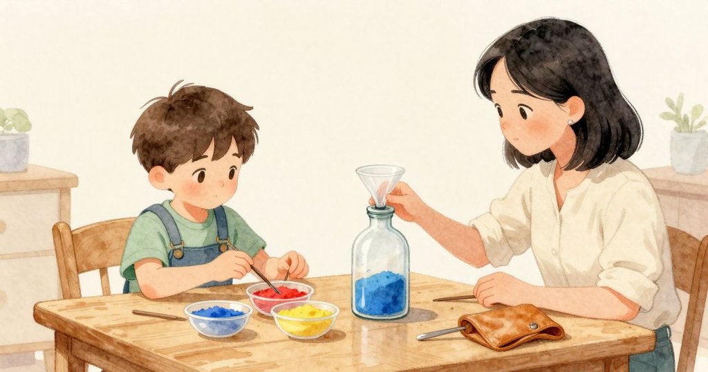 清澈的瓶子口上卡著塑膠漏斗,Arlo 用拇指扶穩瓶頸,周圍是一圈紅、黃、藍的細沙小碗;薄木棒在桌上,淺盆放在一側等著接沙;Odette 把一支錐子推遠離他的手肘,她的皮革小袋安靜地放在旁邊,溫暖的室內光落在玻璃和木紋上。