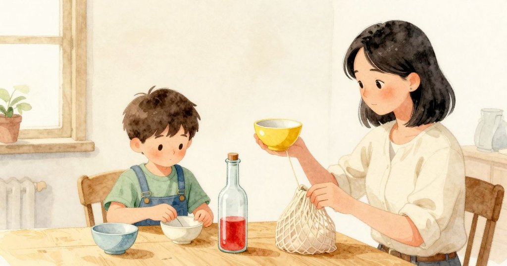 Arlo 抬起黃色沙碗,薄薄的邊緣輕敲他的手腕;Odette 以拇指把網袋上鬆開的線頭順回去;瓶內紅色沙層靜靜停著,Arlo 沿著玻璃側面看好下一道狹窄的位置。