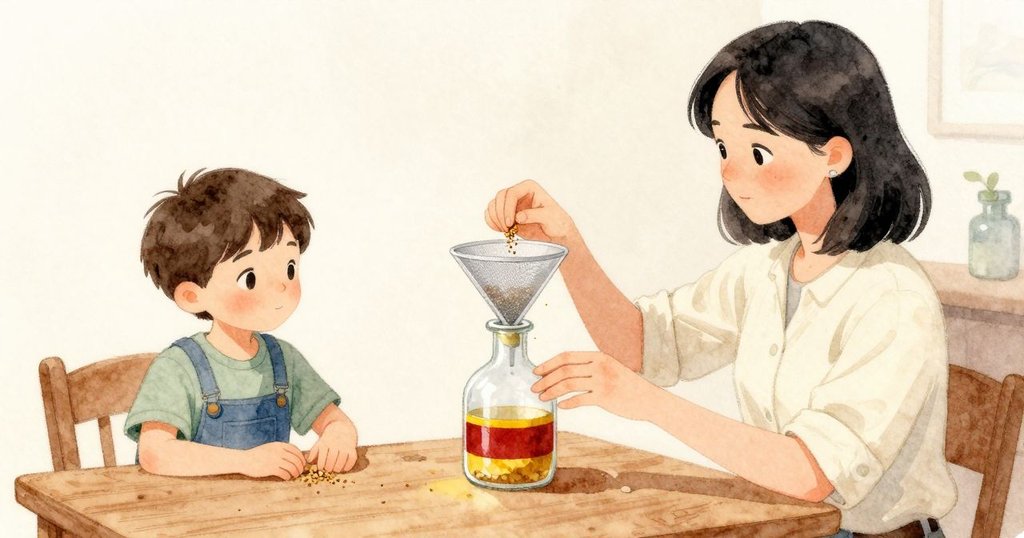 黃色沙層剛好鋪在紅色上方,漏斗頸部卡住一小團,流動停下,幾顆亮沙停在邊緣;Arlo 保持手不動,Odette 扶著瓶身,Arlo 把一塊小方形網片蓋在漏斗上。