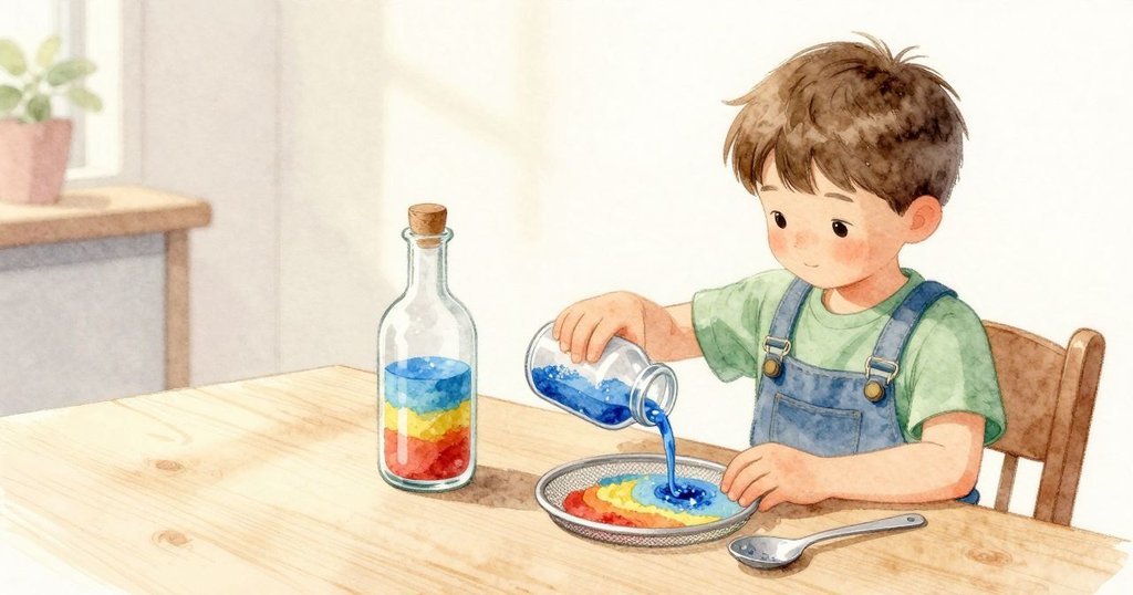 Arlo 把瓶子轉開一個手掌的距離,看見那條緊密的線正好夾在兩道沙層之間像一條小路;他再加上一匙藍沙,細粒穿過網片,最後安穩地落定。