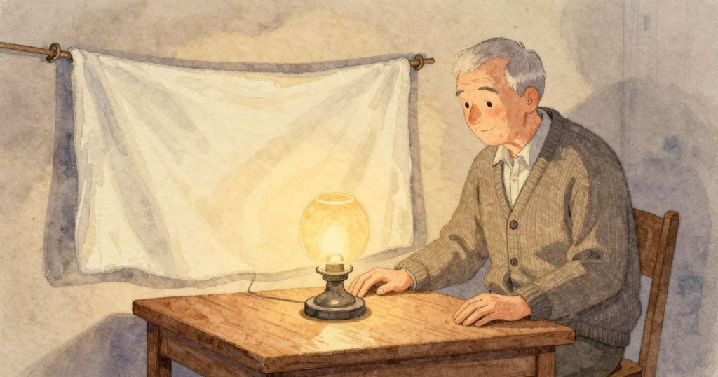 Granddad把小燈放在低桌上,溫暖的光覆在一塊平掛的淡色布面上;他先前擦亮的金屬底座在光裡顯得光滑,桌面的木色安穩地接住那一圈暖光。