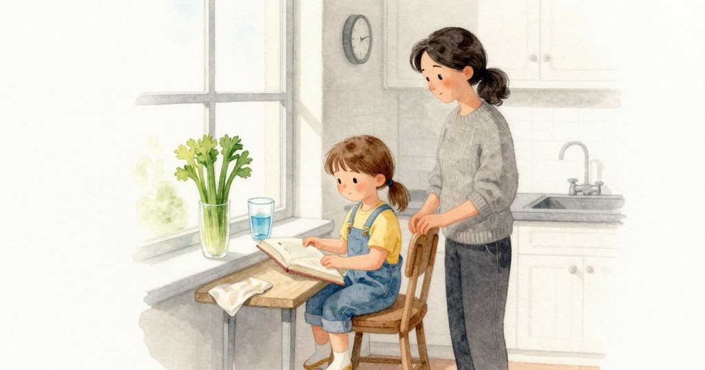 窗台上像小實驗一樣的景象：綠色芹菜在藍水中站著，玻璃杯安安靜靜。Maren坐在旁邊翻著一本簡單的食譜本，水位線紋風不動，水氣與淡淡芹菜味混著紙巾的清潔濕氣，時鐘在水槽上方輕聲前進。