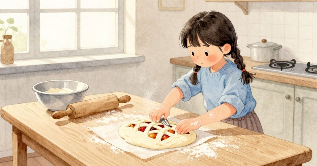 Nina 在餐桌前把烘焙紙條塞到黏住的麵皮下方，穩住交錯的麵條；水果餡在縫隙間透出溫暖色澤。擀麵棍剛碰過金屬碗沿，一抹麵粉霧正慢慢落下。她用叉背輕壓細線，角落被捏得整齊。