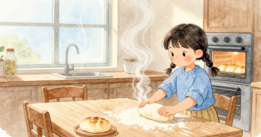 暖氣漫到桌邊，Nina 觸著酥皮邊緣，麵糰在指下微微鬆開。窗上蒸氣滑成緩慢的線條，沿著清澈玻璃往下走；烤箱裡的麵包先失去一點光澤，又順著自身的紋路再次鼓起。
