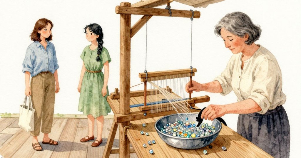 貓的爪子輕刷過移動的線，梭子脫出機框，落下後滾進一只放滿玻璃珠的淺碗。錫邊敲出清脆聲，珠子彈跳又漸漸停住，在溫暖木色之間閃著小小的冷光。