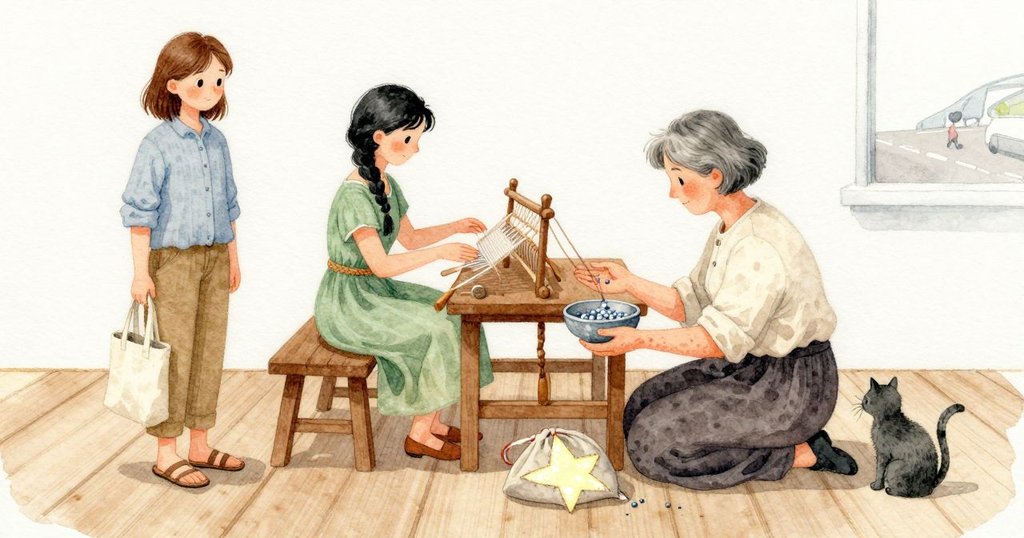 Inez 用雙手扶住珠碗，織工把梭子放回掌心。Nora 蹲下拾起幾顆珠子，冰涼從指間滑過。一個小袋在剛才翻了面，亮色內裡現出星形，貓低頭一動不動地看著光。Nora 撫平翻出的邊緣，縫口又被按回平整。
