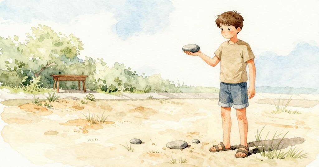 孩子把扁平石頭翻在掌心，朝上的面溫熱、背面的面清涼；微風把乾塵拂過膝頭，樹上傳來鳥鳴。孩子把幾塊最平的石頭並攏，輕推邊緣，直到不再搖晃，細沙在石下輕響。