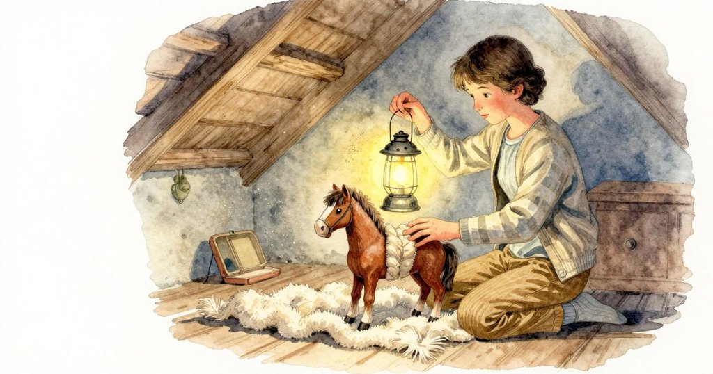 Lenora把燈移近打開的箱口,光裡的灰塵慢慢漂動。Ian把小馬直立在柔軟的圍巾上,用圍巾邊緣細細梳理毛線鬃,燈光溫暖地停在馬身與布面上。