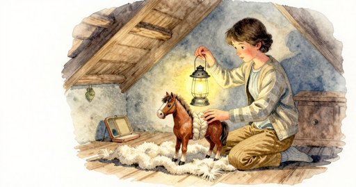 Fleece Scarf Lifts a Toy Horse's Mane in the Attic