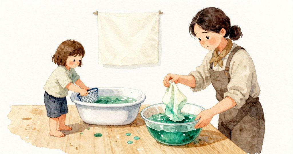 Nell 把棉方布壓在小片塑膠網下，掌心貼上粗糙的格紋，布料沉入綠色。她慢慢提起，移向清澈的沖洗盆，水滴碰在邊緣發出短聲；Ada 的手按住木邊讓盆穩住。