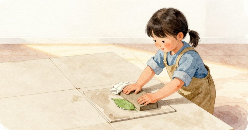 Vita 用乾布角把黏土面拭乾後放回粗布上，雙掌平穩按下木塊，輕聲數著再抬起；一片清晰的葉形留在黏土裡，邊緣繞著細細的環狀線，她看著成品輕笑一口氣。
