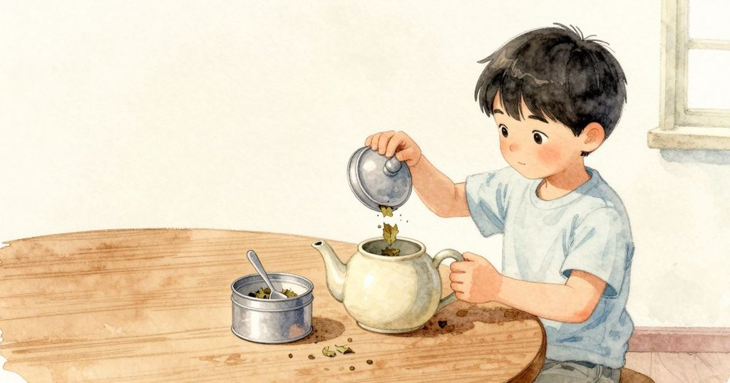 Kit掀起茶葉鐵罐的蓋子，冰涼光滑的金屬在指間滑過；乾葉輕刷湯匙發出紙般細聲，兩匙茶葉相繼落入小茶壺。