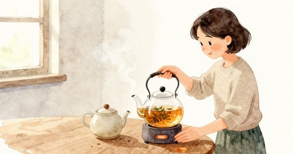Mabel慢慢注入熱水，茶色開始加深，細長蒸氣升起，香氣在他們臉邊變得更濃，溫度沿著壺底傳進木面。