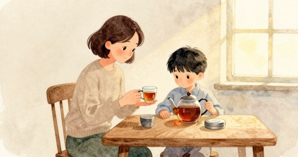 Mabel先觸摸杯身確認溫度，將杯子滑向Kit，手心貼著他的手給予穩穩支撐；他靠向Mabel的短暫擁抱，呼吸溫甜的氣息，並把小紙徽壓平在鐵蓋上。
