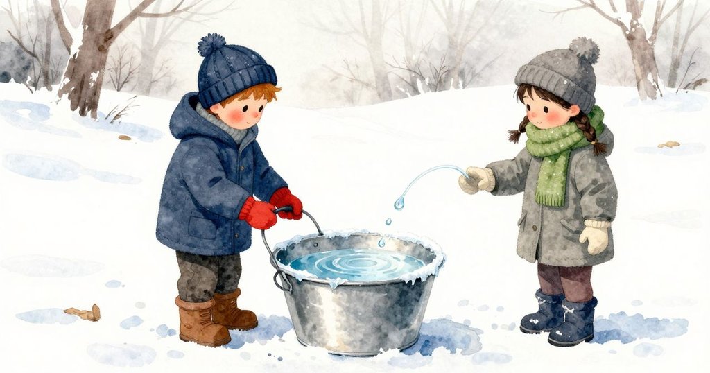 樹管下方形成的一顆清亮水珠離開、畫出小弧落向桶心，桶邊陰處貼著薄冰，側邊濺起的微小水花碰到冰沿，而主落點在清澈表面上推開一圈圈圓紋。Hartley靜靜靠近看，Roslyn的白霧吐息在冷空氣裡短短停留。金屬帶冷色，冰薄如玻璃。
