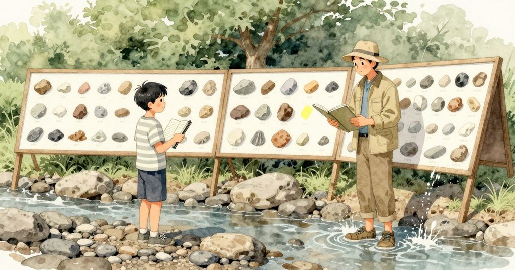 Xander 把田野筆記本提在飛濺邊之上,轉身掃視地質展示架上的樣品;指導老師站在淺石旁,望向標記的岩緣與及踝水流。
