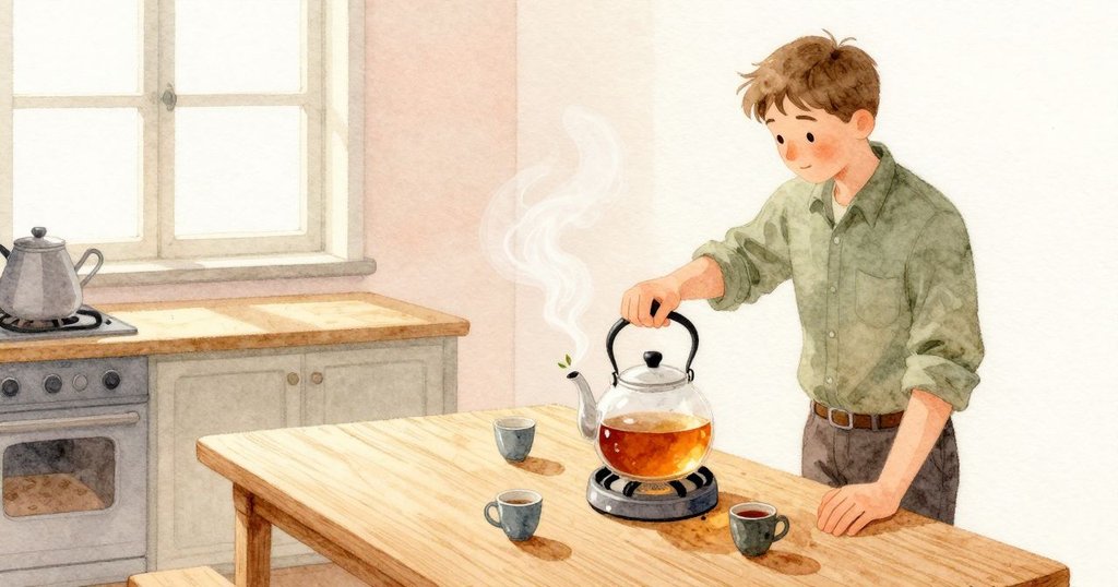 Judson將熱水倒入茶壺，細長的蒸氣往上升；茶色在壺中逐漸加深，茶葉飄動後靠在濾網邊。Nina的手腕貼著桌面感到微暖，空氣裡浮著淡淡桃香。