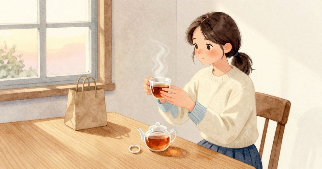 Nina雙手端起杯子，指間帶著細緻的溫度；袖口邊仍有涼意流動，壺上蒸氣又細細立起。她放下杯子，壺嘴滑下一滴水，正好接上桌面那道淡圓痕。