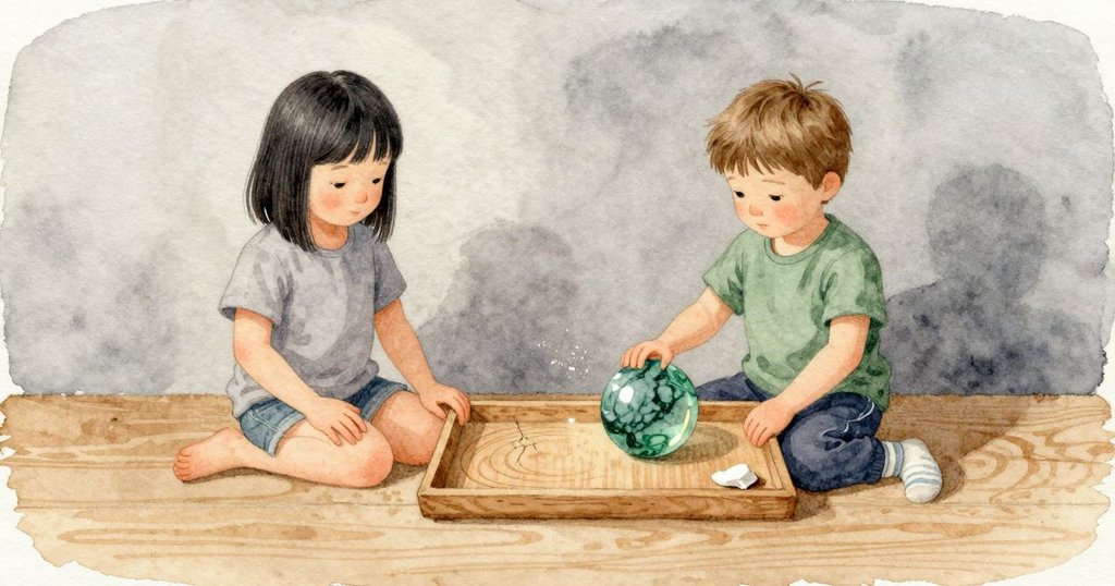 綠色玻璃珠安靜地停在木托盤裡；雲影仍在，室內偏暗。下一顆落下時聲音不同，托盤角落的一小片灰泥碎裂，輕輕揚起一縷白粉，留下淡淡的白點。