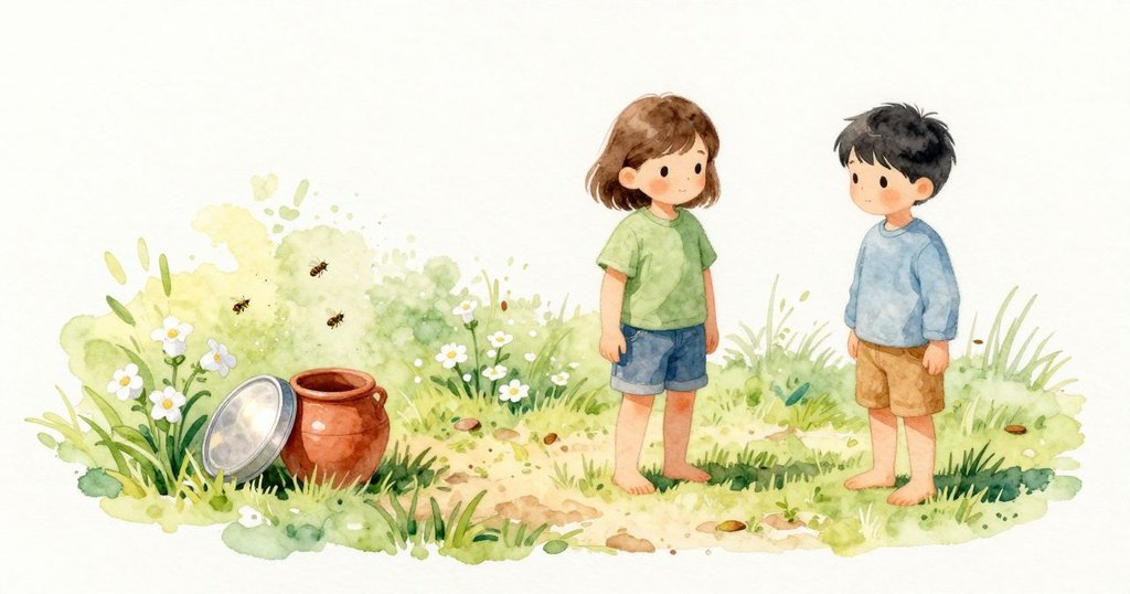 從甲板往下看，蜜蜂穿梭在張開的白色鐘形花間，地面空地上有一個圓形錫蓋躺在陶盆旁，陽光下閃亮，綠草與土色明淨。