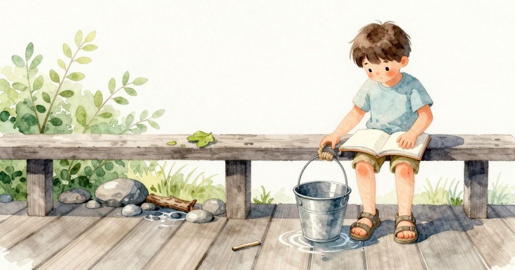 板面上，一圈亞麻細繩把 Tatum 的筆記本束成扁平的包；她拉著略乾而微粗的繩子，桶子穩穩上升。桶沿下方黏著一小珠水，接住一點亮光；下方溪水繞過一根倒下的細枝，發出輕脆石聲，枝葉陰影帶著綠木氣味。