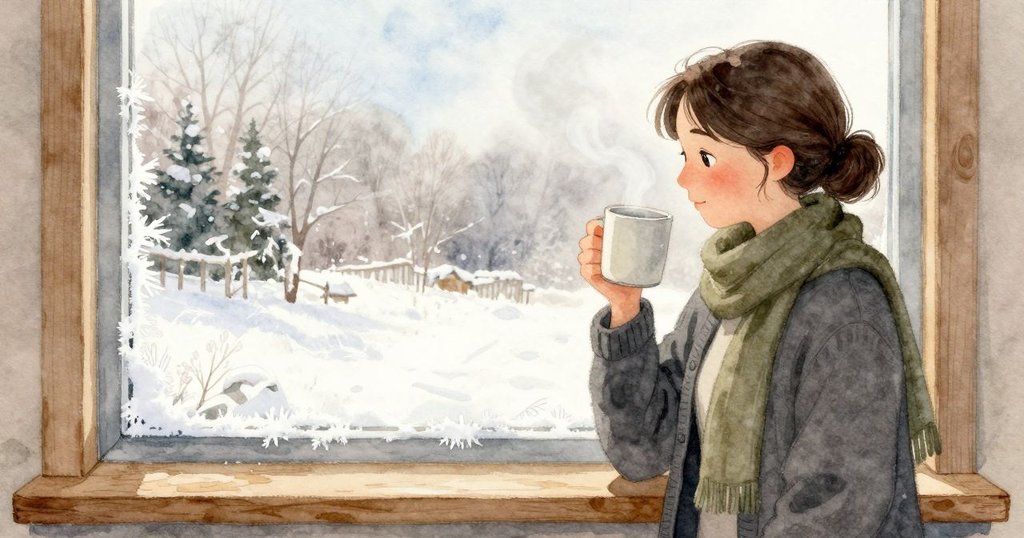 Neve 將杯子從玻璃前收回，圓形的清透處開始失去暖度。細小的霜晶沿著邊緣慢慢爬回，像羽毛般覆上，窗面再次變白；室內的暖意退在袖邊，窗外仍是淡淡的冬日光。